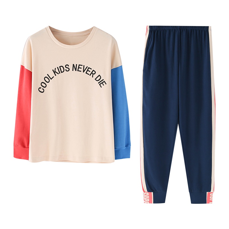 乌拉拉公主棉质针织素色插印花长袖女套装