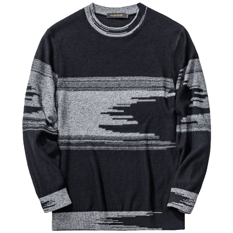 千纸鹤男士针织衫2019秋冬修身保暖外套撞色提花圆领毛衣男50075