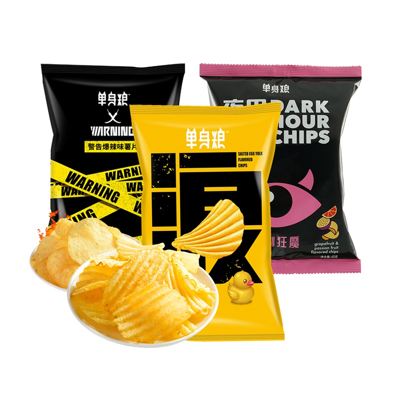 单身粮三连包 零食 警告爆辣味薯片70g+西柚百香果味薯片40g+咸蛋黄味 波浪型薯片50g