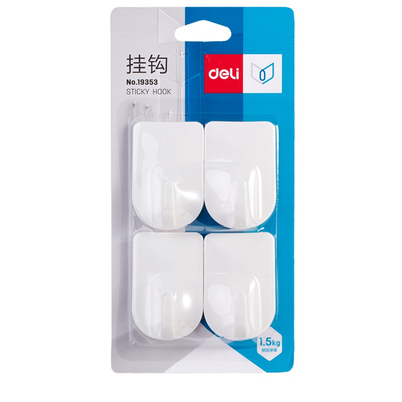 得力(deli)19353 挂钩1.5kg白色 4只/卡 加强力无痕粘钩家用粘胶贴挂钩 2卡装
