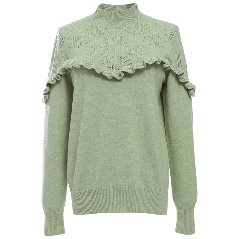 欧昵雪半高领拼接木耳边套头显瘦毛衣女长袖针织衫