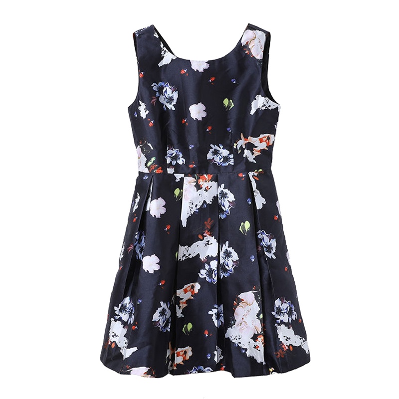 A&D韩版学生显瘦气质时尚印花高腰无袖连衣裙