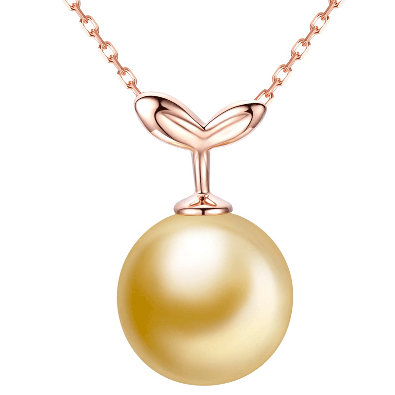 brir 佰色传情 9-10mm正圆强光海水南洋金珍珠吊坠正品18K金嫩叶珠托 送女友送老婆