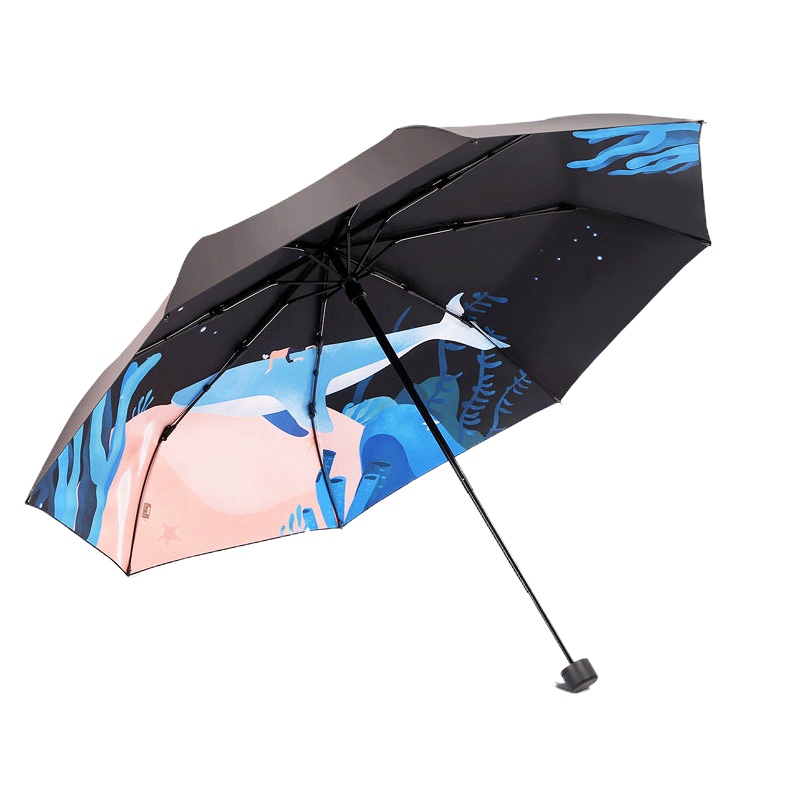 天堂伞 三折全遮光黑胶插画晴雨伞防紫外线太阳伞遮阳伞礼品伞55cm*8骨