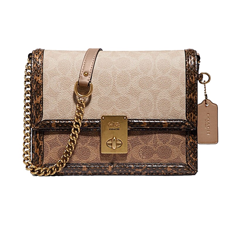 蔻驰 COACH 奢侈品 女士专柜款卡其拼色涂层帆布蛇皮手提单肩斜挎包小号 89068 B4PVR