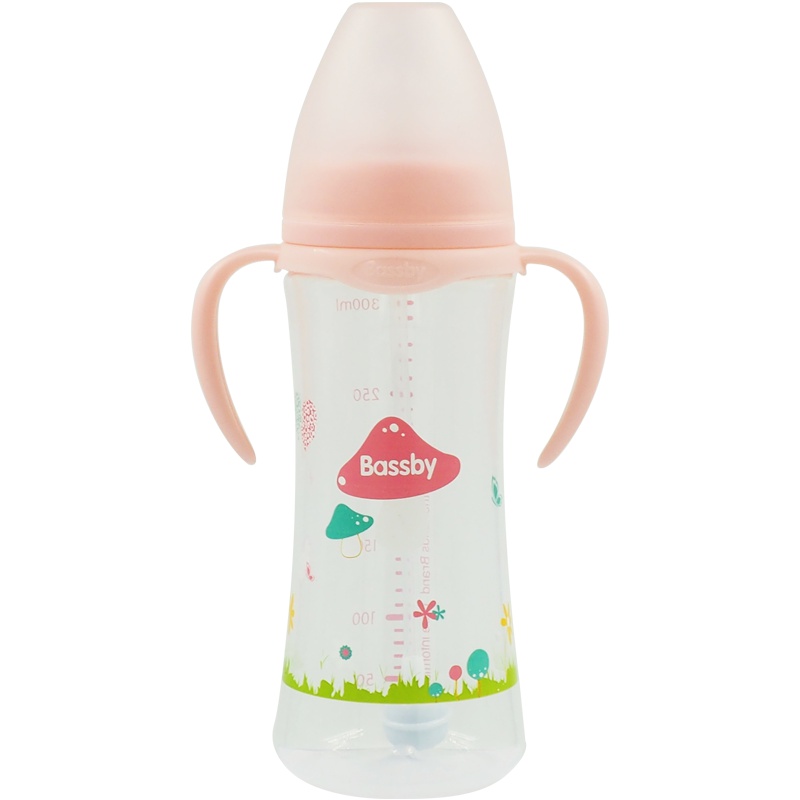 荷兰贝斯比宽口弧形PP自动奶瓶宽口径自动吸管大奶瓶防摔防胀气300ml粉红色
