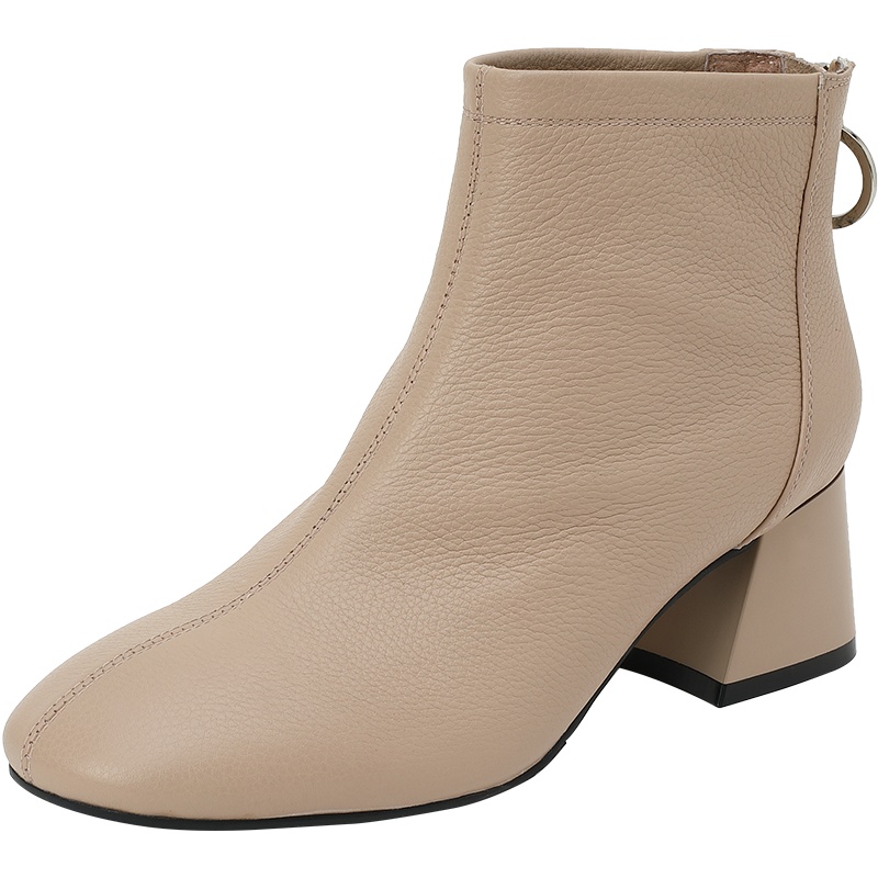 百田森新款网红瘦瘦靴女短靴英伦方头粗跟时装靴时尚百搭真皮