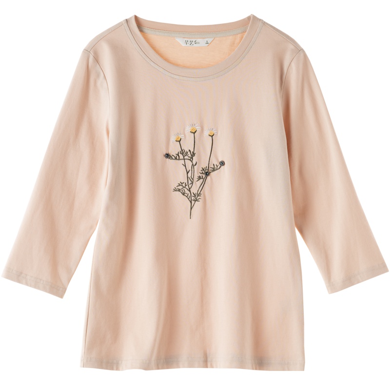 芊艺圆领中袖t恤女2019早秋新款韩版宽松百搭体恤套头印花上衣女10313