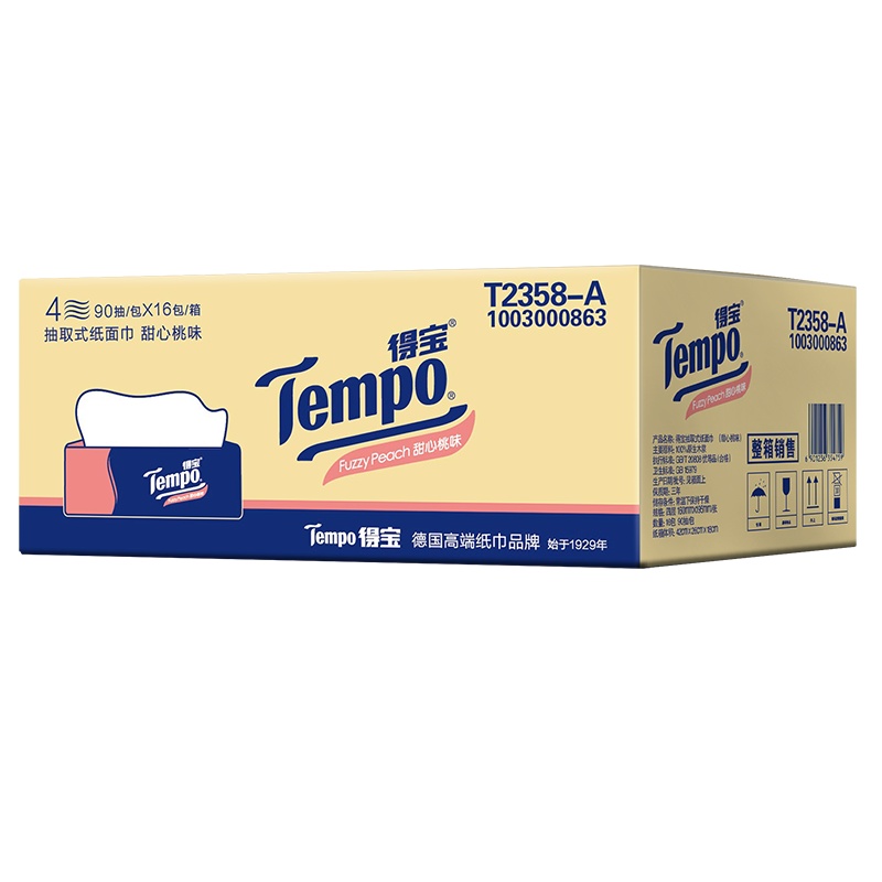 得宝(Tempo) 浅桃味抽纸 4层90抽*16包纸巾(整箱销售)(新老包装交替发货)