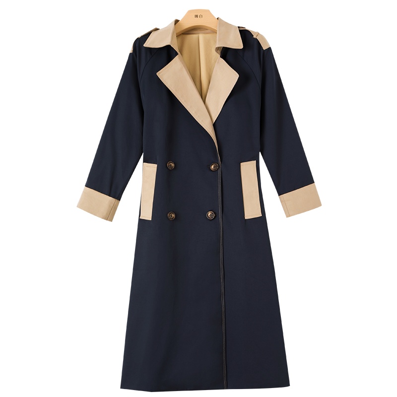 晚白2021春季新品时尚修身显瘦拼色翻领长袖百搭职业长风衣外套女