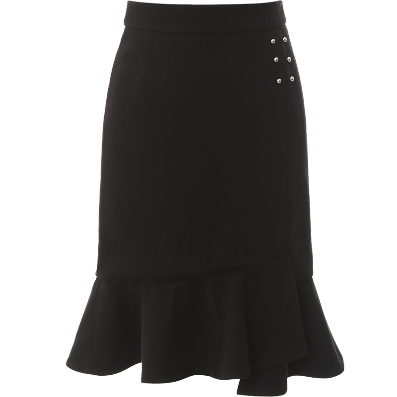 OUNIXUE欧昵雪 | [浪漫荷叶边鱼尾裙]秋冬季毛呢包臀裙高腰修身百褶半身裙女