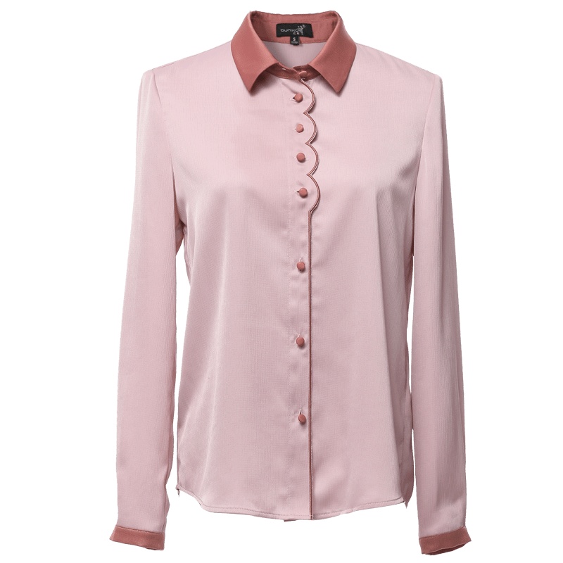 欧昵雪撞色拼接波浪绣花显瘦衬衫女长袖小衫上衣