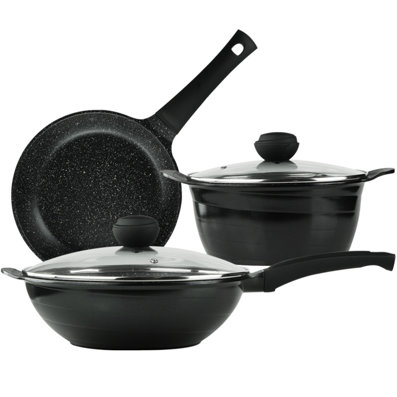 德国乐卡斯特不粘锅三件套家用锅具套装炒锅煎锅汤锅少油烟电磁炉燃气灶通用锅具-黑色旋风三件套