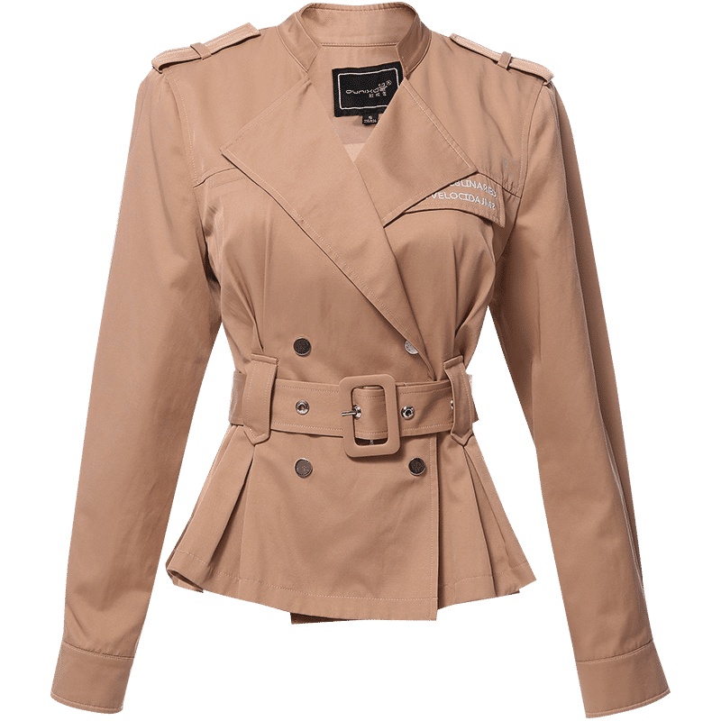 欧昵雪立领收腰系带短装风衣外套女荷叶边显瘦上衣