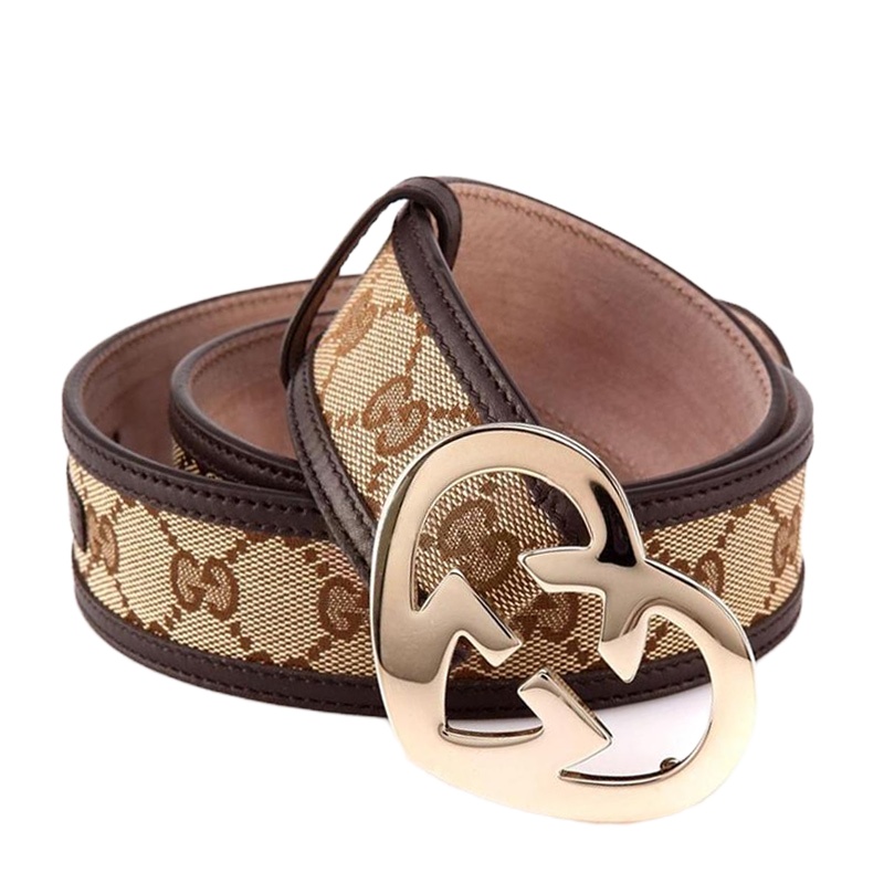 [优享]GUCCI 古驰 中性棕色帆布配牛皮滚边经典双G扣头腰带 245856-FAFXG-9643 85
