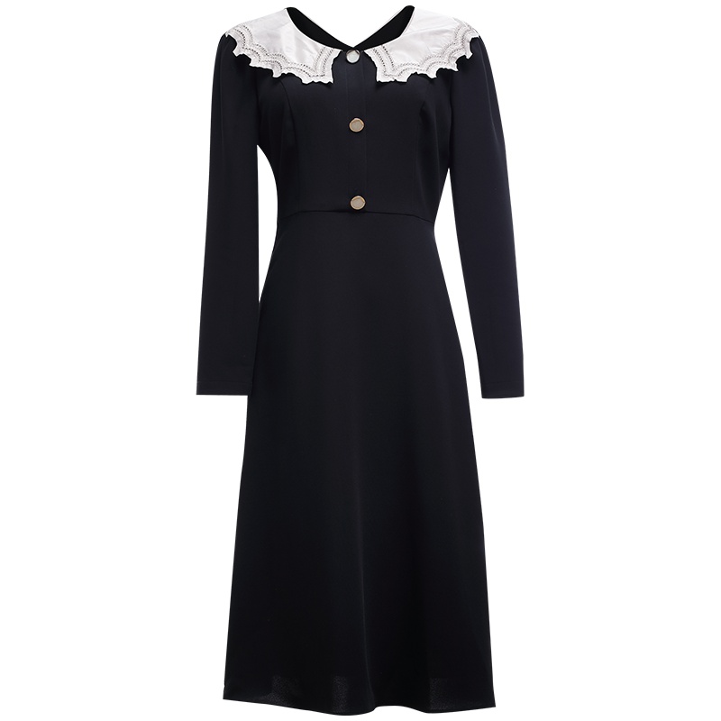 欧昵雪花边荷叶领气质高腰长袖连衣裙女收腰显瘦A字裙