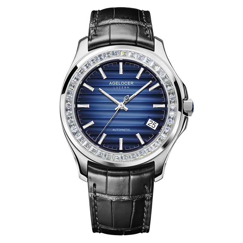 艾戈勒(agelocer)瑞士进口防水手表男 全景背透 夜光大开窗日历镶钻全自动机械表 男表 baikal A6301E