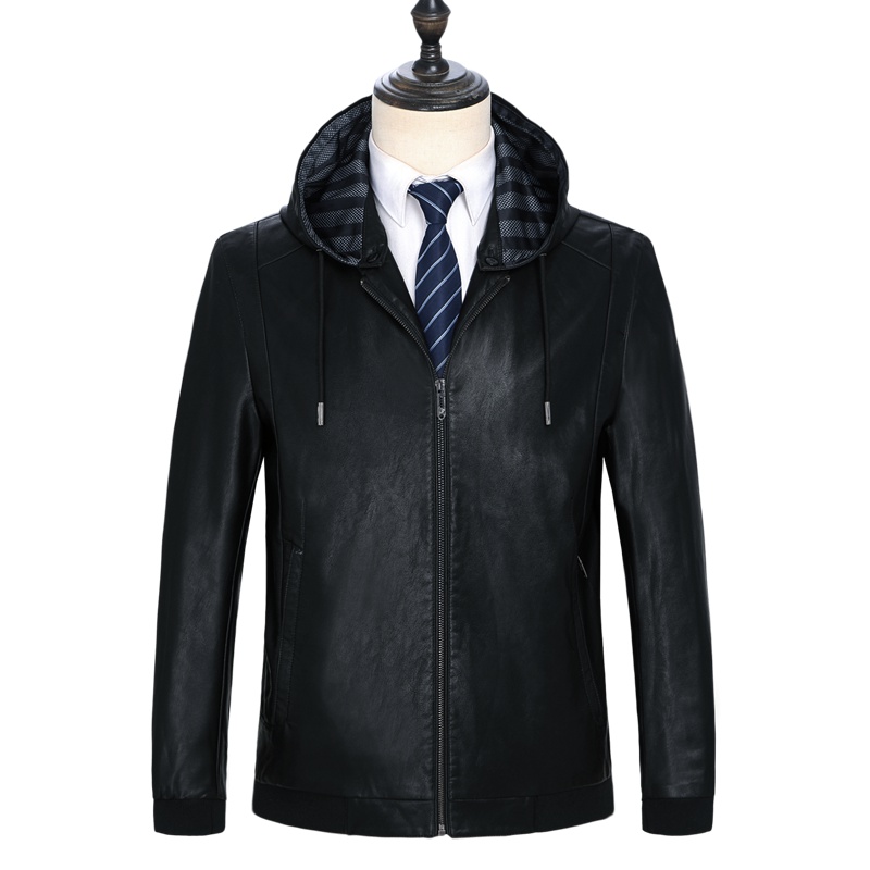恒源祥男士皮衣款中年男士PU皮衣爸爸装秋冬皮夹克连帽男装外套