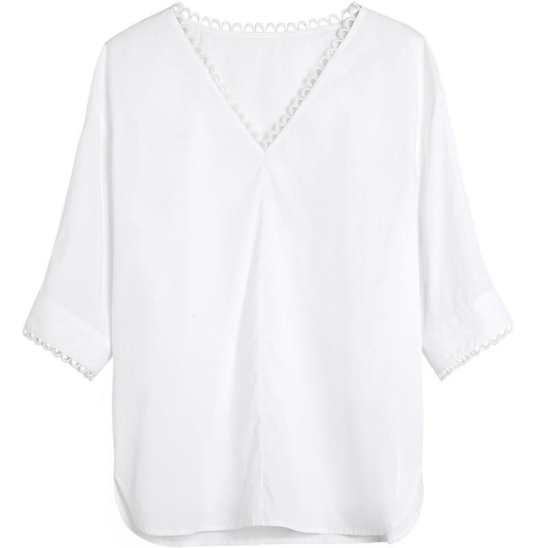 OSA欧莎白色衬衫女2019新款宽松V领心机上衣很仙设计感衬衣百搭