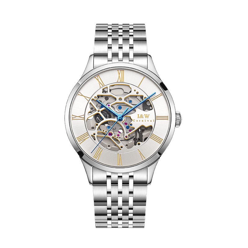 I&W CARNIVAL HWGUOJI/爱沃驰iw自动机械表男表时尚镂空钢带男士休闲运动手表