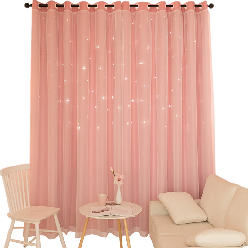 特价网红窗帘ins镂空星星客厅卧室遮光北欧简约梦幻公主风飘窗窗帘布 简约现代粉色锦纶巧妈妈可定制