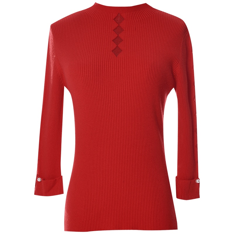 欧昵雪菱形欧根纱针织衫上衣女修身钉珠七分袖打底衫毛衣