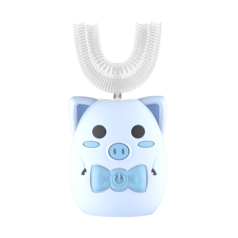 儿童电动牙刷U型1-3-12岁宝宝孩子男童女童声波智能U形口含式震动牙结石洁牙神器 蓝色帅帅猪[U刷+三面刷+传统刷]