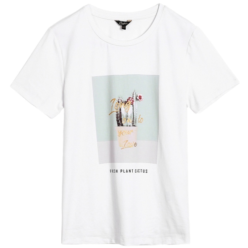 拉夏贝尔新款女装夏季白色宽松短袖圆领上衣仙人掌图案打底衫T恤