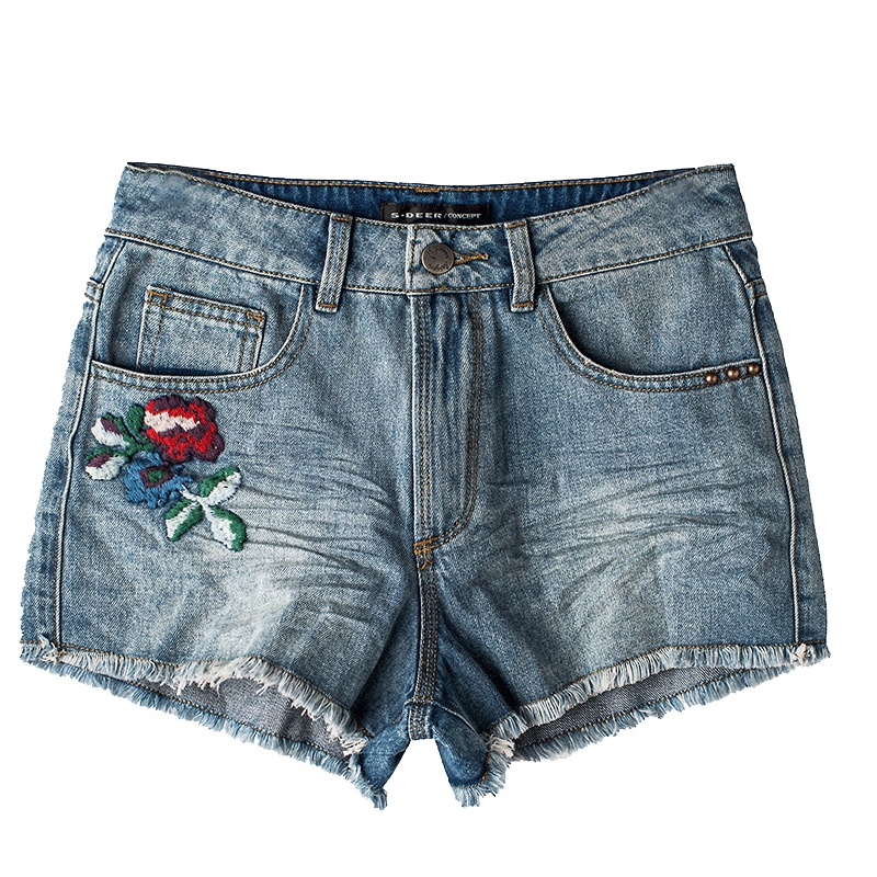 sdeer圣迪奥2018夏装休闲水洗绣花毛边铆钉直筒牛仔短裤S17280954