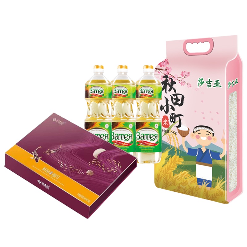 中秋组合3(鲜品屋鲜品福月月饼礼盒580g+莎吉亚葵花籽油1L*3+莎吉亚秋田小町米5kg)
