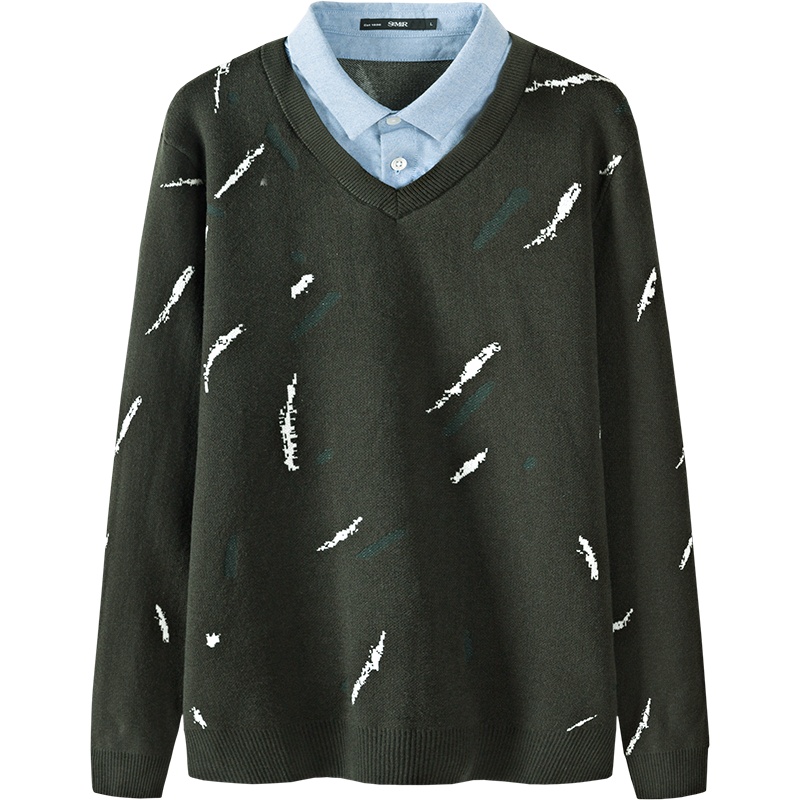 Semir森马毛衣男2019冬季潮流V领撞色长袖毛衫假两件青少年针织衫