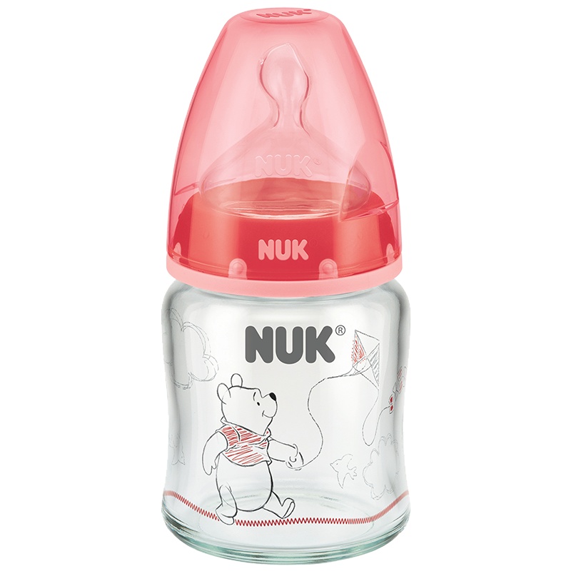 NUK耐高温120ml宽口玻璃彩色迪士尼维尼奶瓶(带初生型硅胶中圆孔奶嘴,适合0-6个月)