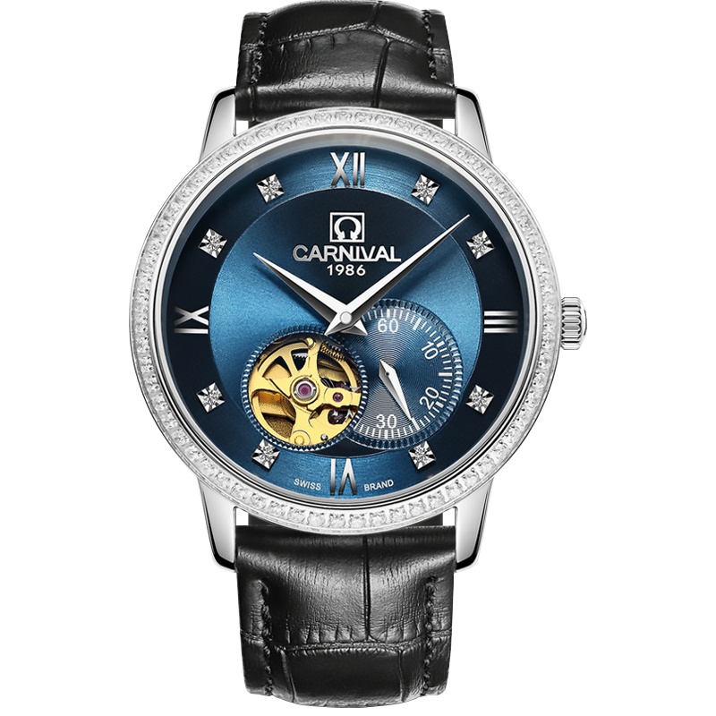 正品嘉年华Carnival男士全自动机械表 男进口机芯手表防水镂空休闲时尚潮流真皮男手表高档腕表508L镂空