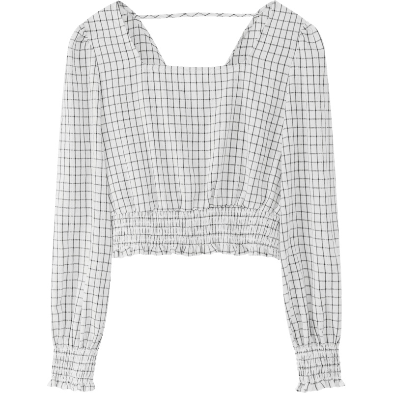 OtherMix纯欲风露背雪纺衫女2021年夏秋方领灯笼袖短款衬衫上衣女