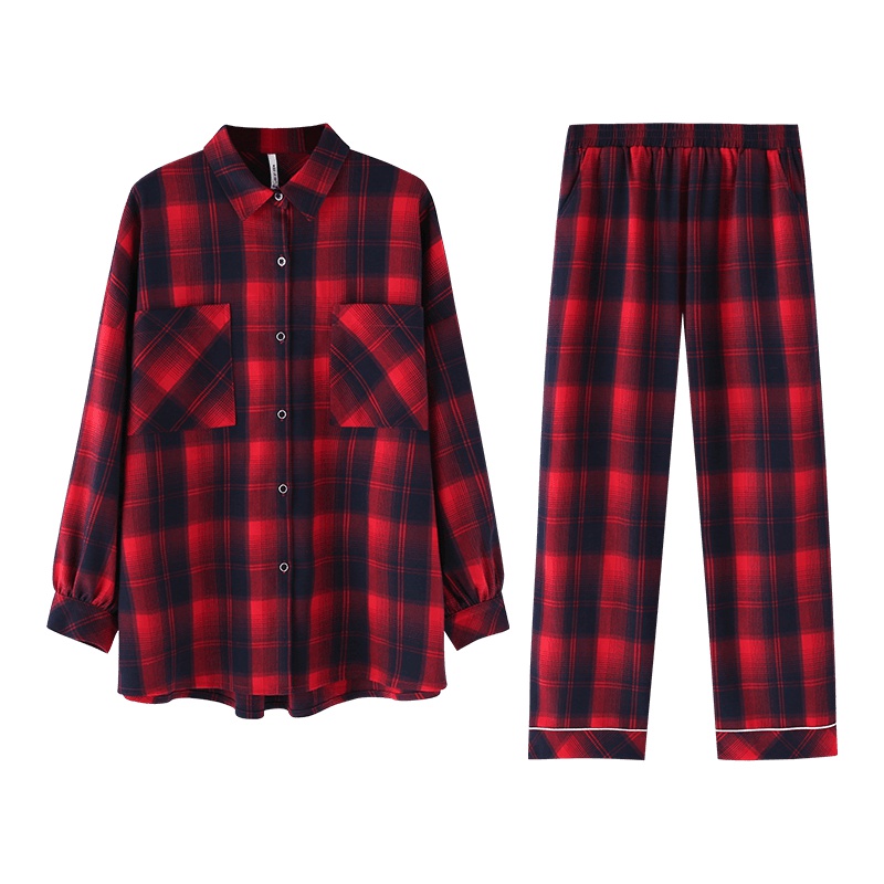 安之伴棉质长袖情侣睡衣女春季时尚宽松外穿红色格子衬衫男家居服