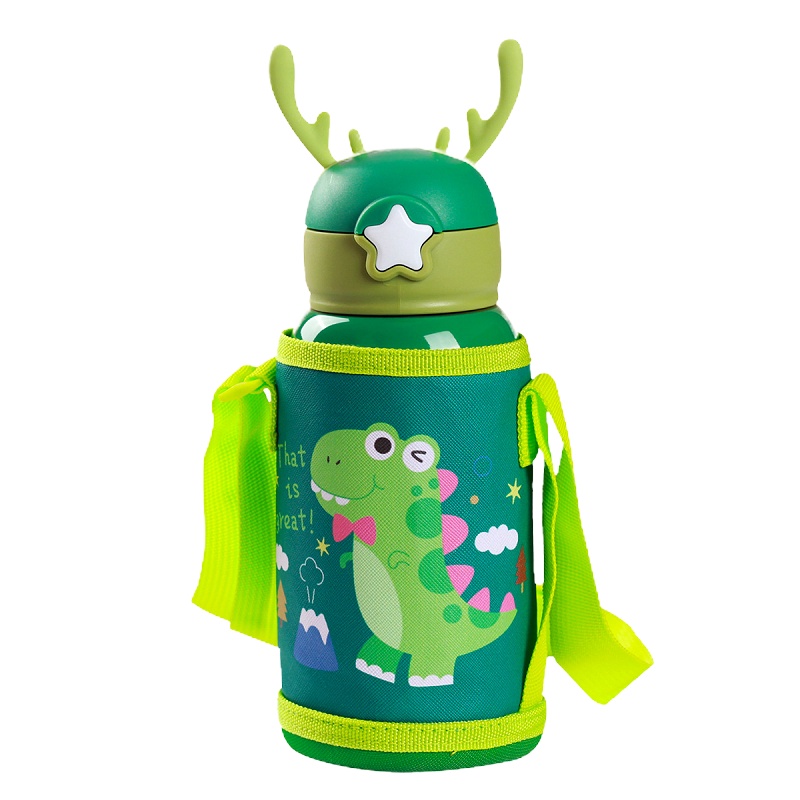 男女孩儿童保温杯带吸管学生双盖两用便携卡通水壶水杯-深蓝色小熊保温杯500ml