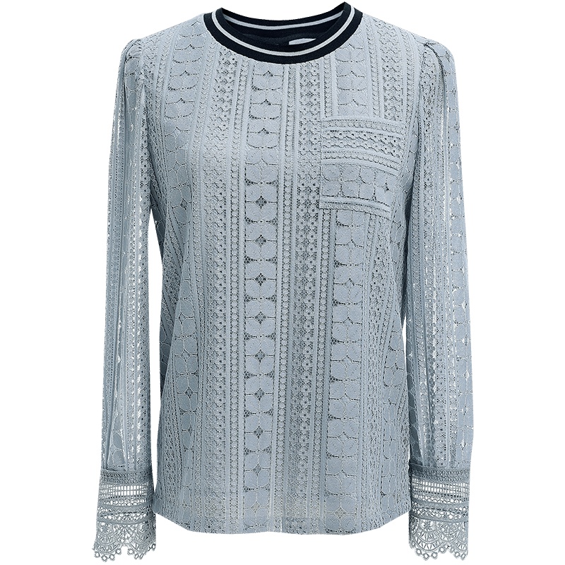 欧昵雪时尚撞色圆领显瘦镂空蕾丝衫女设计感长袖上衣