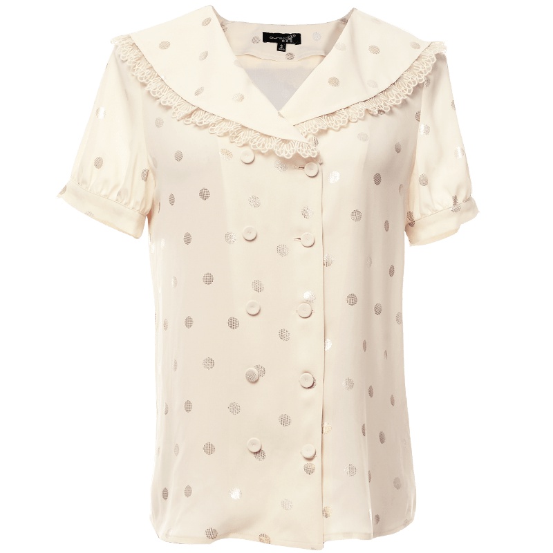 欧昵雪夏季蕾丝花边拼接翻领双排扣波点雪纺衫上衣女短袖