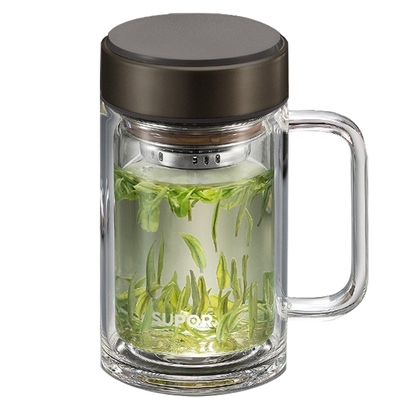 苏泊尔(SUPOR)双层玻璃杯办公室开会带把手柄带盖女男士隔热泡茶杯子大容量无色透明高硼硅带滤网商务水杯KC45HK10