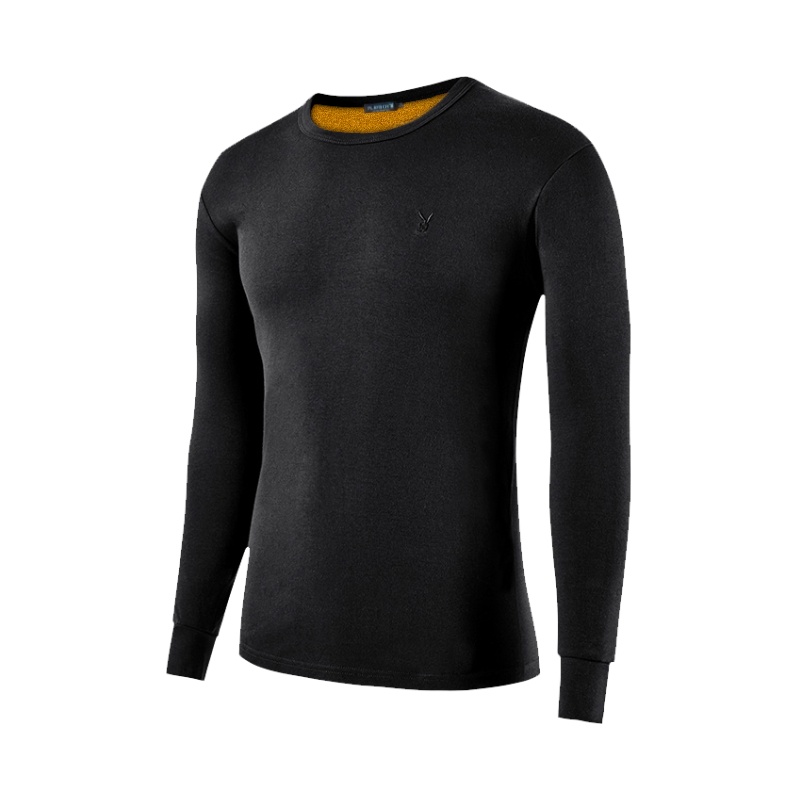 花花公子保暖内衣男士加绒加厚羊毛护颈贴片打底圆领毛绒衫冬季单上衣