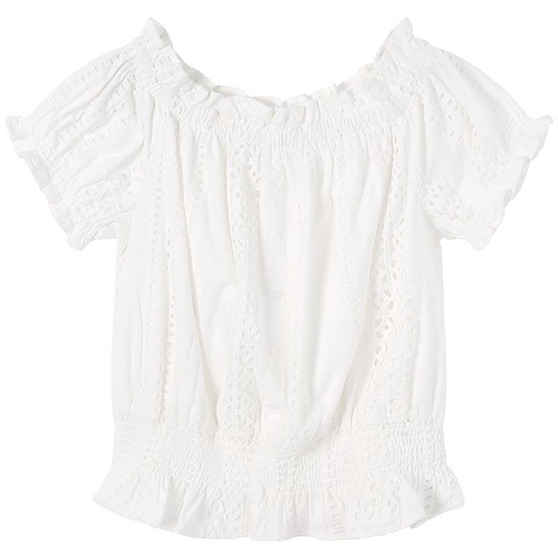 马克华菲女装2019夏新款纯白色镂空短袖T恤女木耳边收腰上衣
