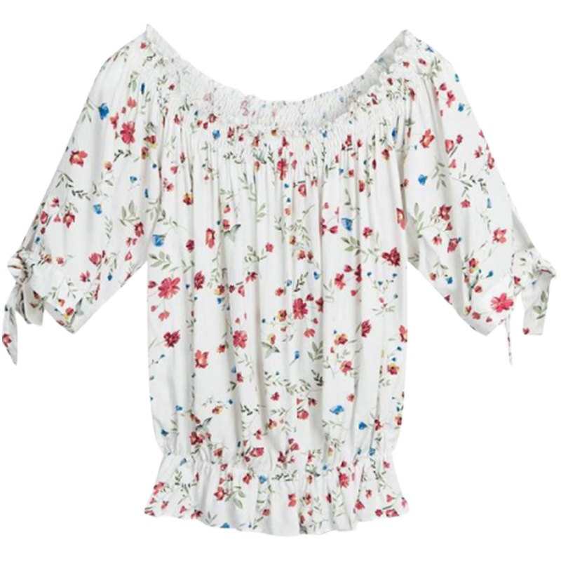 【专柜同款】拉夏贝尔一字肩上衣女2020新款夏季韩版洋气小衫气质露肩碎花雪纺衫收腰显瘦30082587