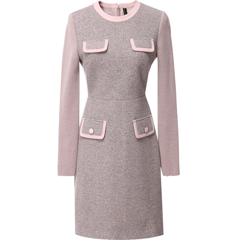 欧昵雪秋冬圆领拼接针织长袖修身假两毛呢连衣裙女中裙