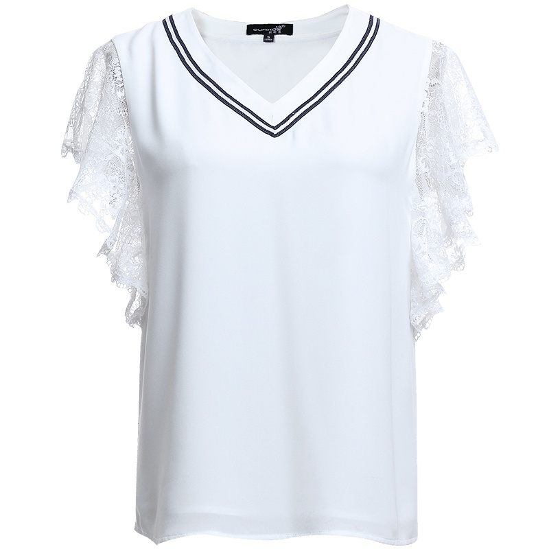 欧昵雪 夏蕾丝拼接飞飞袖条纹V领短袖白色雪纺衫女上衣X