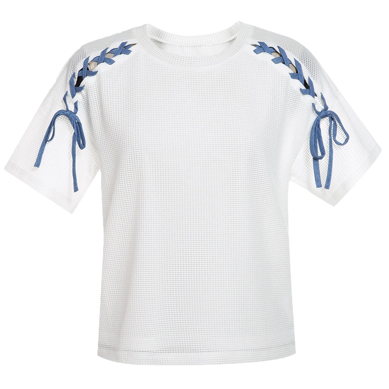 秋水伊人夏季新款女装白色拼接系带圆领T恤FR235