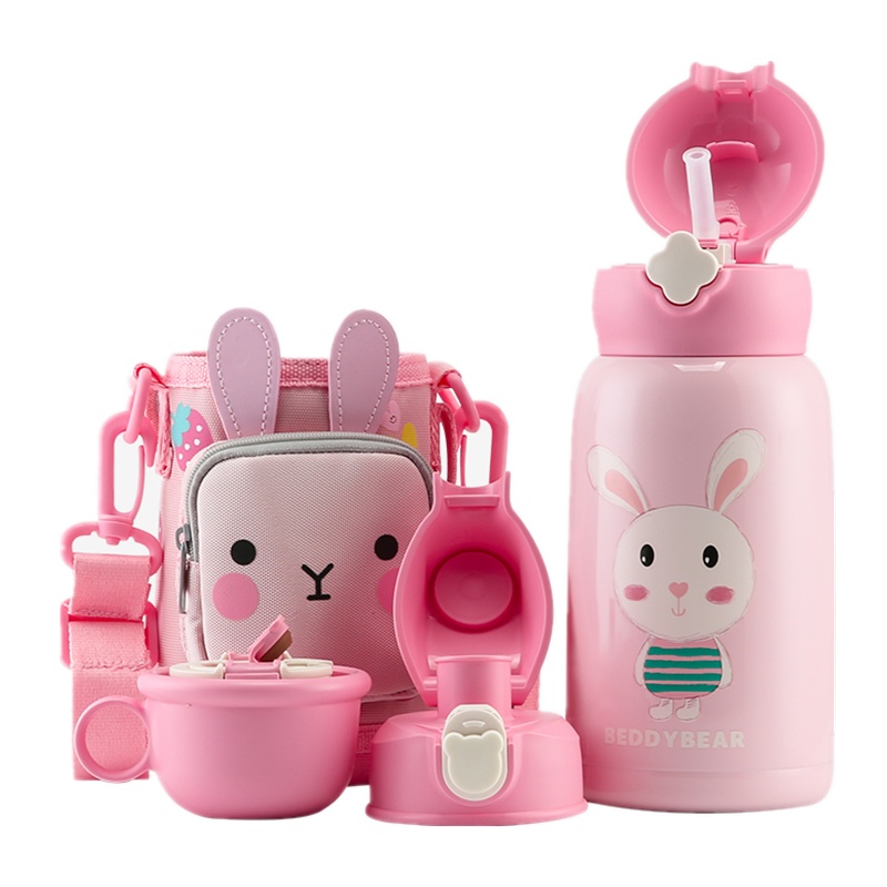 网红四叶草兔杯具熊BEDDYBEAR儿童保温杯独角兽带吸管宝宝男喝水杯子婴幼儿园防摔水壶女630ml口袋杯套