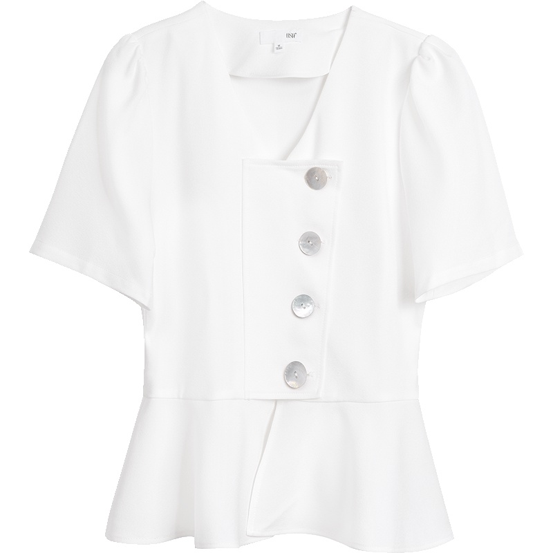 欧莎白色雪纺衬衫2019新款夏V领短袖收腰上衣女设计感职业轻熟风