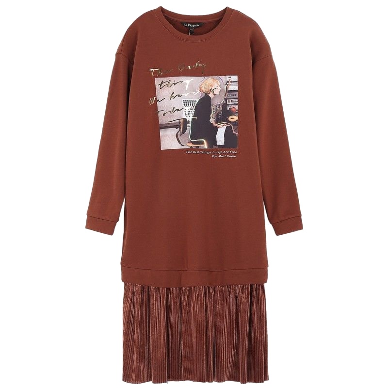 新款拉夏贝尔新款气质宽松长袖百褶裙拼接学生中长裙连衣裙卫衣裙女10017608