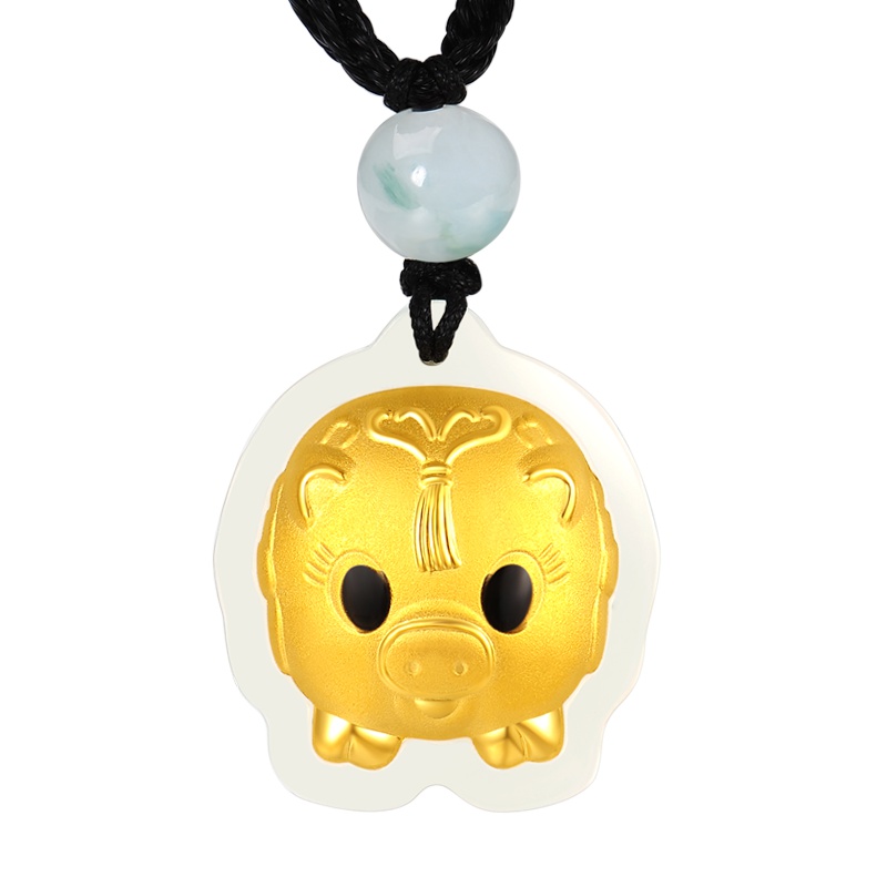 蒂蔻 憨萌猪生肖金镶玉黄金吊坠项链男女款足金和田玉镶嵌红绳链亲子款小孩宝宝适戴新年礼物