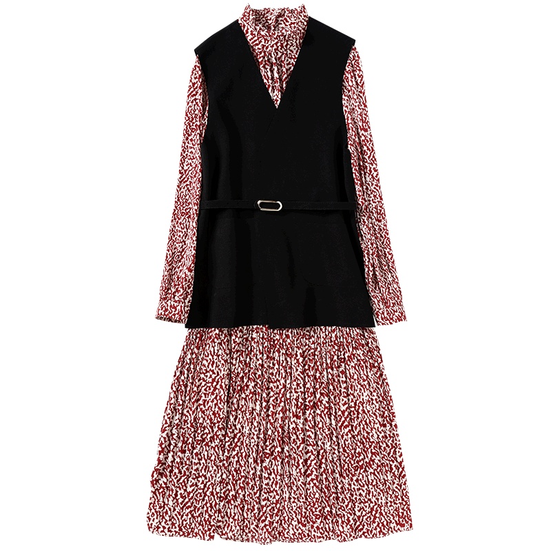 马克华菲女装2020春假两件连衣裙长袖法式复古碎花裙修身显瘦